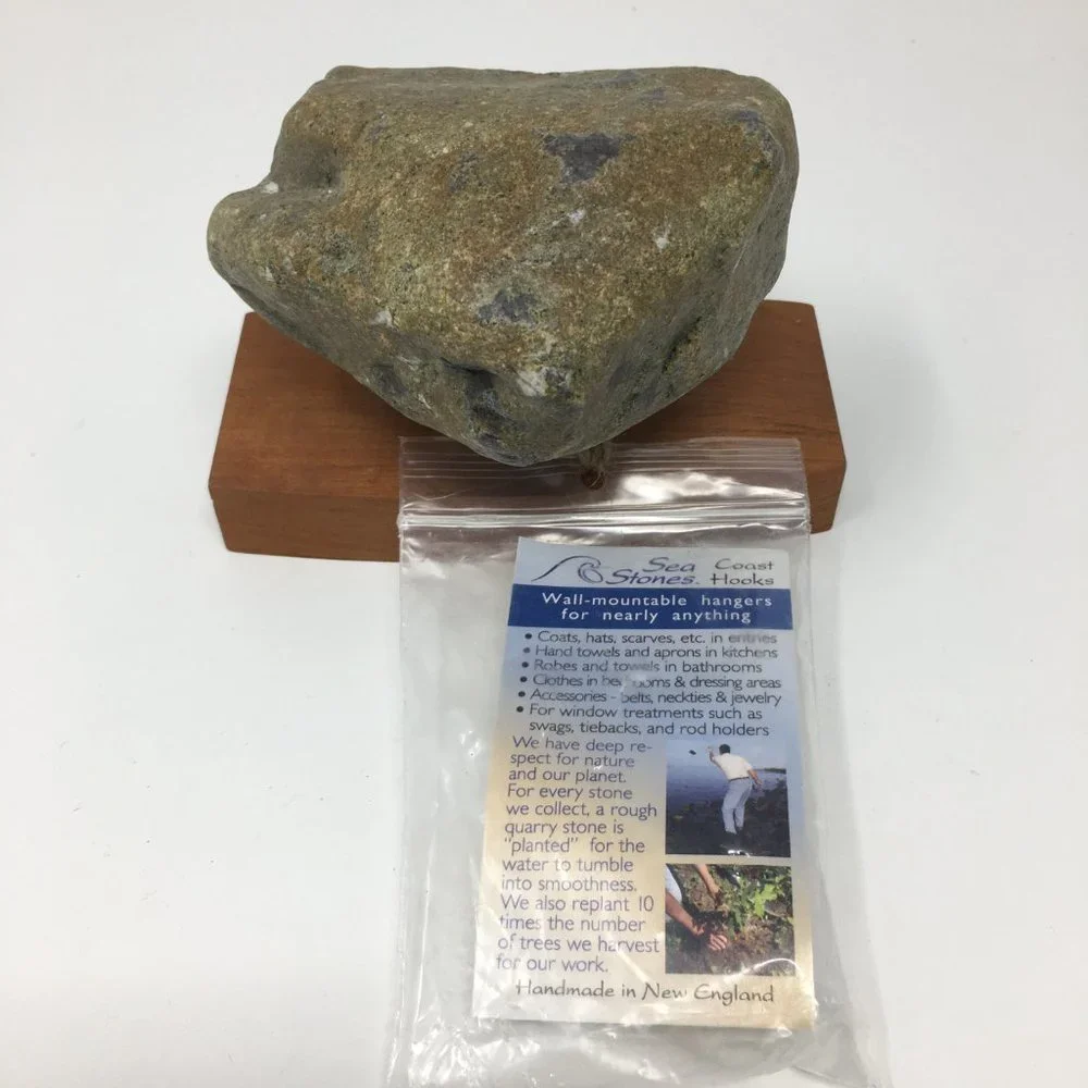 Sea Stones Coast Hook Natural Stone Coat Towel Hook on Cherry Wood Backplate